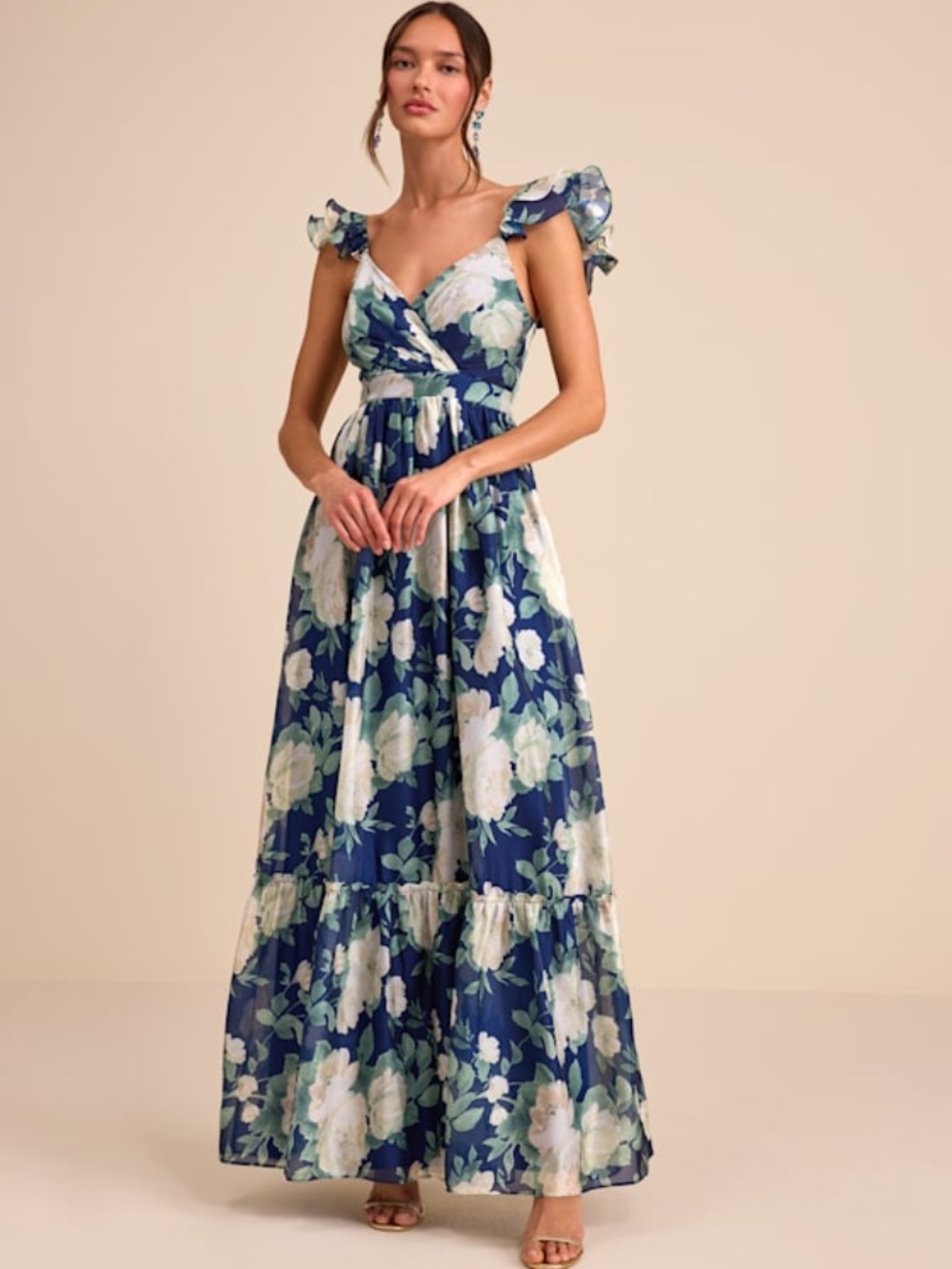 Lulus Soiree Perfection Navy Floral Ruffled Tiered Maxi Dress Blue - Size XS
